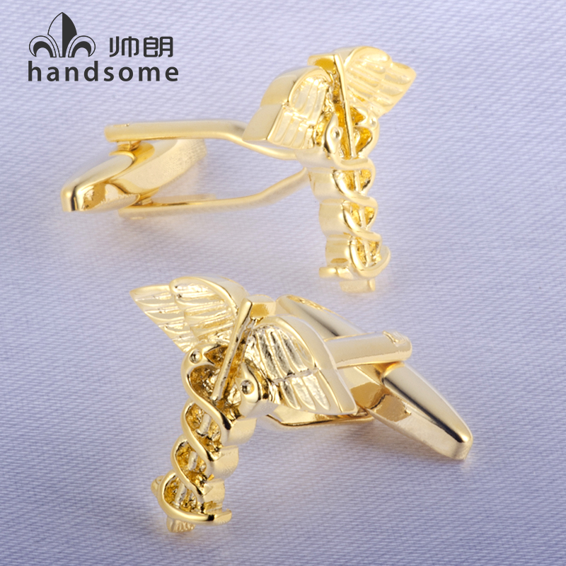 镀金双蛇杖袖扣正装法式袖钉男士袖口扣医疗救护爱心标志送礼盒装