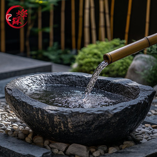 天然石雕黑山石水钵庭院流水景观日式喷泉造景石盆户外园林流水池