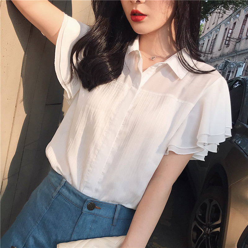 2019夏装新款白色短袖翻蝙蝠袖领衬衫女上衣雪纺衫超仙的ins港风|ruв категории Женская одежда, кружева свитер/шифон рубашка - от Buy2taobao.com для оказания профессиональной услуги покупки агента Taobao
