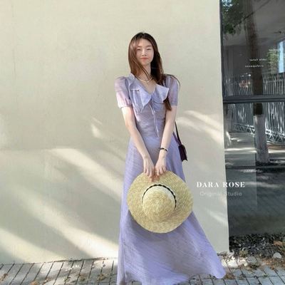 DARA ROSE-级定染雾紫色荷叶边设计肌理触感面料短袖连衣裙S9094