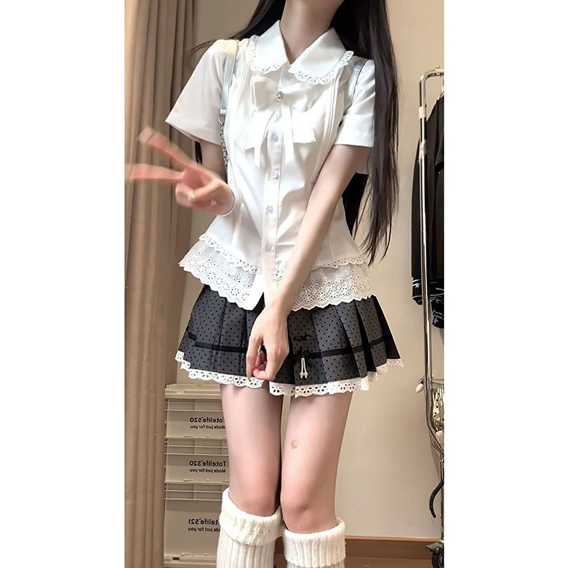 韩系甜美学院风套装裙蝴蝶结撞色露肩上衣洋气百搭显瘦短裙两件套