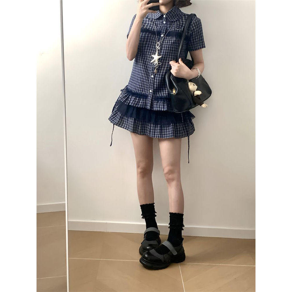 韩系甜酷气质格纹短袖上衣女学生搭配高腰半身短裙夏季新款两件套