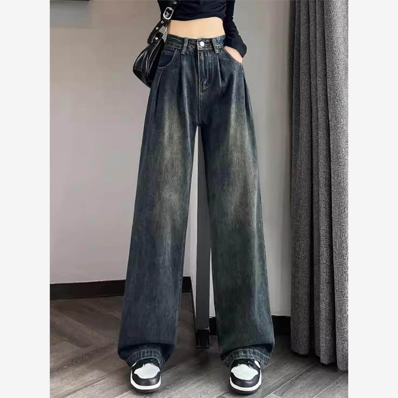 覆古阔腿牛仔裤女2025新款秋季爆款宽松垂感百搭大码胖mm直筒长裤