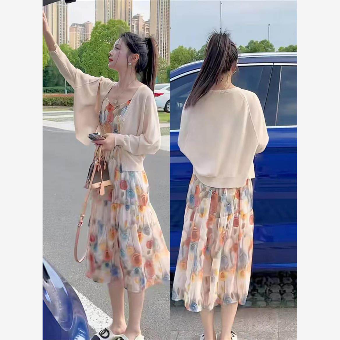 温柔风甜美套装女2025春秋季新款针织开衫碎花吊带连衣裙子两件套