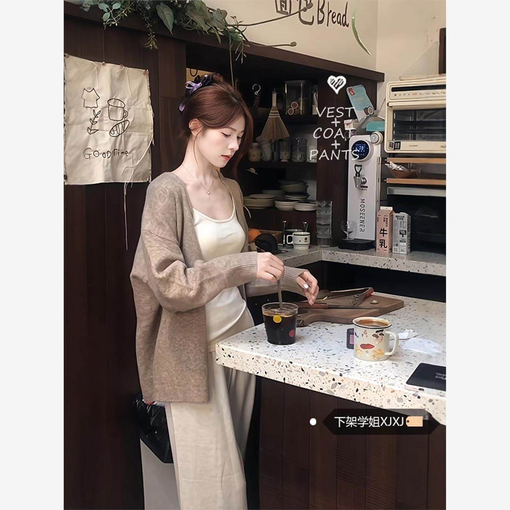 韩系慵懒风针织开衫休闲外套女v领2025新款春秋季宽松小个子上衣