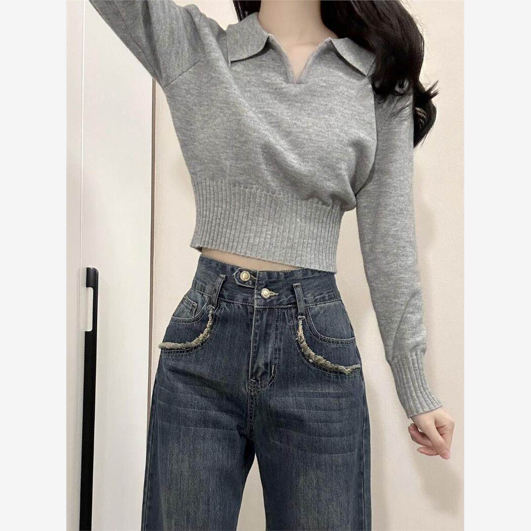 高底灰色Polo翻领长袖针织上衣妇女秋冬修身短风格内毛衣底衬衫