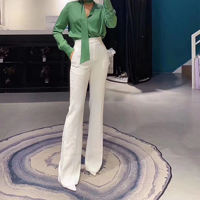 西装裤高腰果绿色修身拖地裤