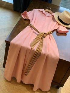 24新款短袖100%纯麻连衣裙夏季设计感LP女装亚麻翻领衬衫连衣裙子