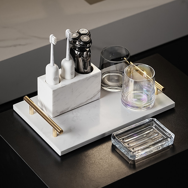 大理石电动牙刷置物架家用卫生间高级感收纳托盘套装轻奢漱口杯架