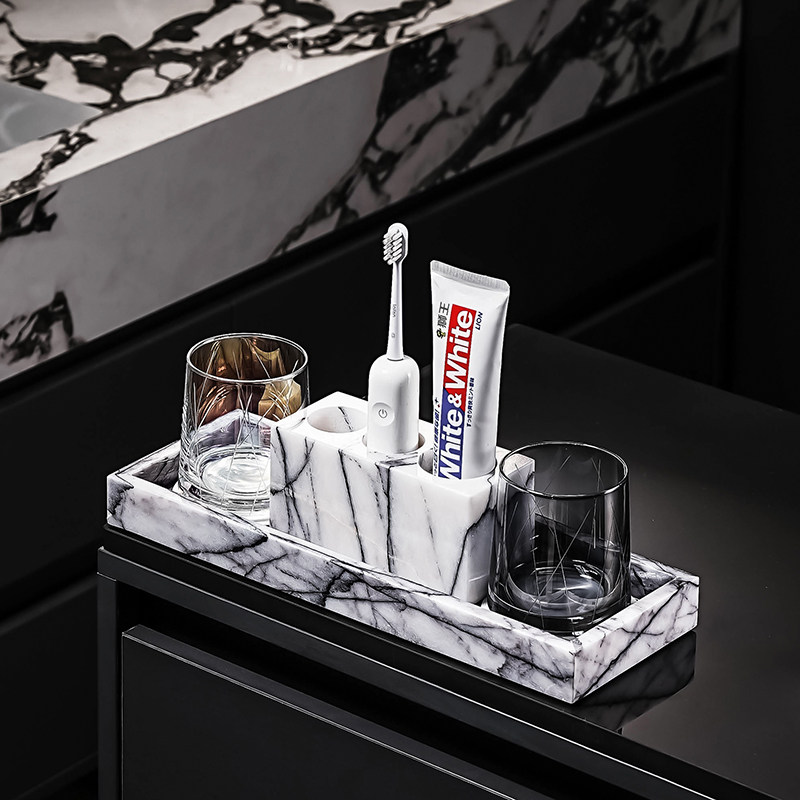 高级感大理石电动牙刷置物架卫生间香薰瓶双人漱口杯牙具家用收纳