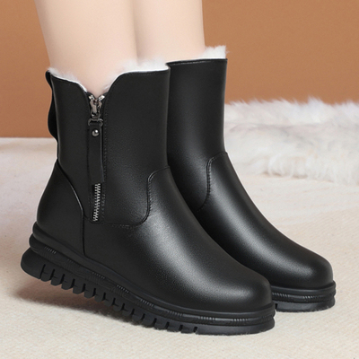 短靴女真皮毛一体妈妈棉鞋