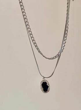 复古高级感双层银色项链女小众轻奢黑色吊坠锁骨链