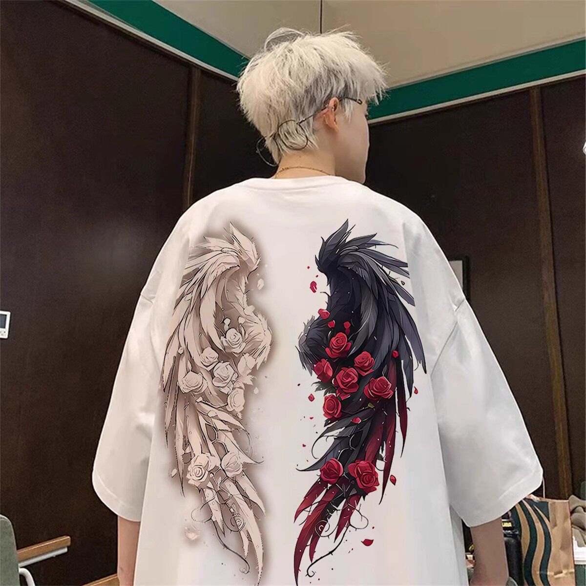 美式vintage潮牌玫瑰花翅膀印花纯棉短袖女男夏季oversize上衣t恤