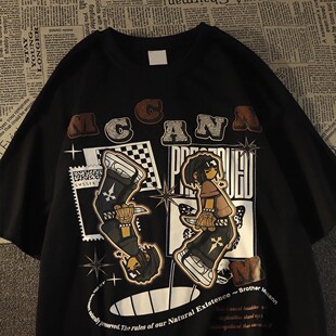 t恤女男 复古街头潮牌纯棉短袖 夏宽松欧美风oversize半袖 上衣美式