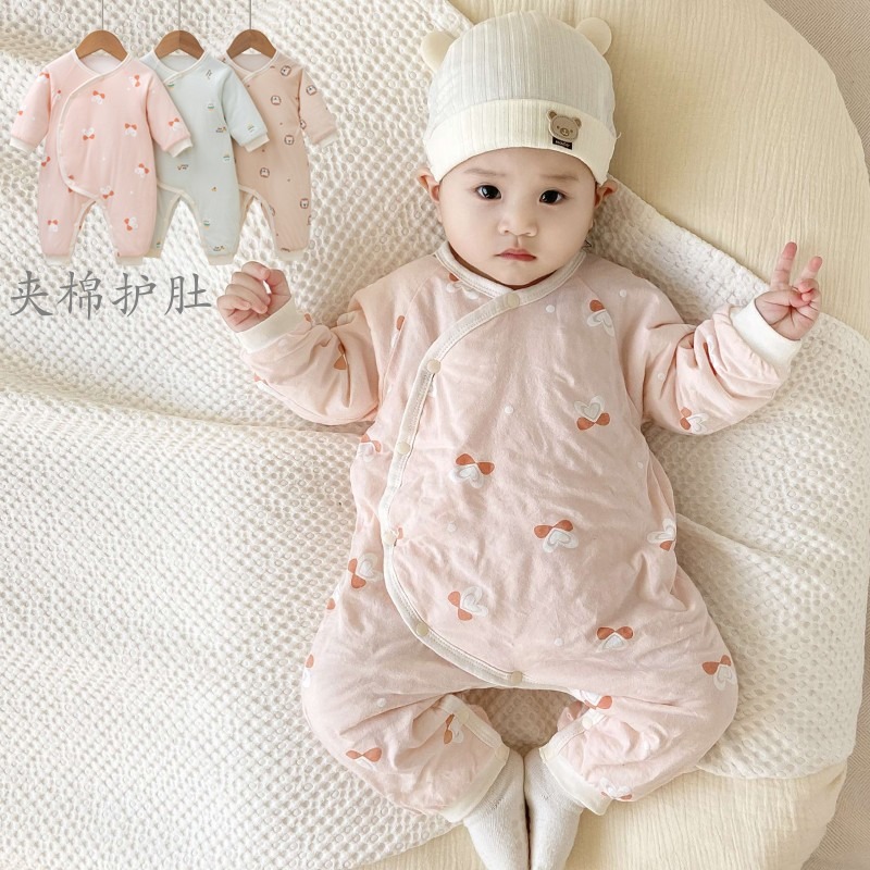 日本进口婴儿春秋连体衣服纯棉护肚宝宝夹棉哈衣打底薄棉爬服棉衣