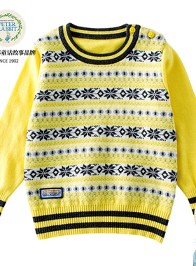 专柜正品比得兔男童春秋冬纯棉保暖针织衫时尚英伦风圆领黄色毛衣