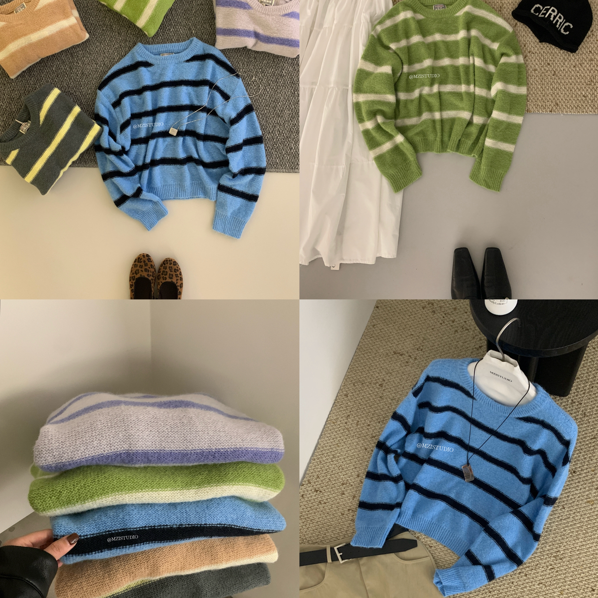 季韩味多巴胺个性撞色条纹圆领宽松长袖上衣毛衣25722