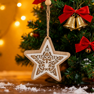 原木色镂空雕刻五角星麋鹿挂饰圣诞节装 饰 饰品diy气氛挂件星星装