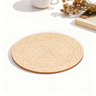 简约风圆形几何莲花图案木质杯垫激光雕刻水晶底座桌面摆件装 饰品