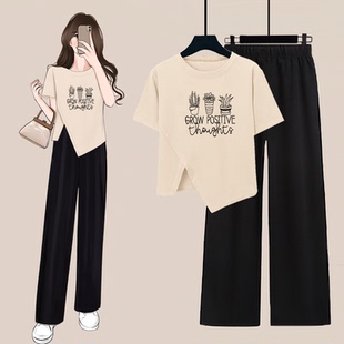 阔腿裤 夏季 T恤女 温柔系穿搭一整套短款 两件套 不规则开叉正肩短袖