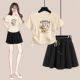 裙两件套 夏季 T恤 简约设计感套装 宽松短裤 女圆领抽绳修腰印花短袖