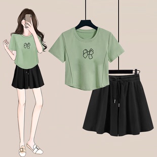 阔腿短裤 夏装 T恤女上衣 孤形短袖 裙两件套 搭配一整套炸街减龄短款