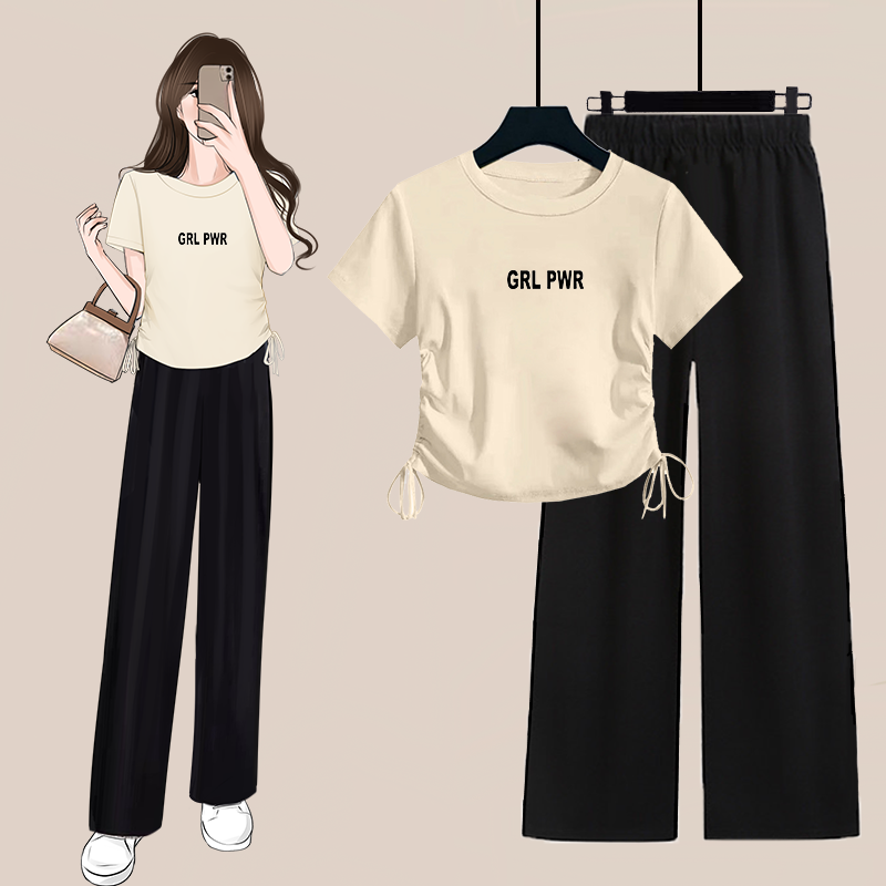 夏季纯欲风套装女短款修身抽绳设计辣妹上衣T恤+高腰阔腿裤两件套