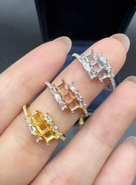 银镀金戒指空托日韩时尚围钻镶嵌方形3*3mm彩宝开口银托diy