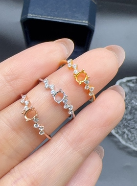 S925银戒指空托椭圆形 3.5×4.5 mm代镶红宝石蓝宝石简约时尚