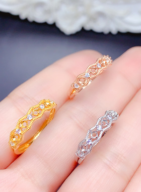 S925银排戒圆形2*2mm4颗镶嵌 蕾丝花边设计轻奢时尚百搭戒指