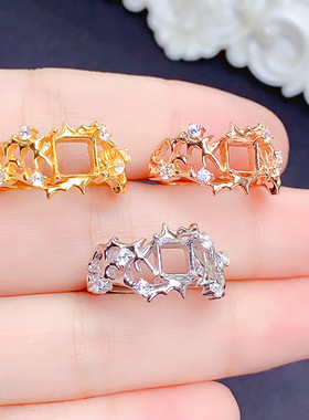 S925银女款方形戒指空托5*5 6*6来石翡翠碧玺红宝石