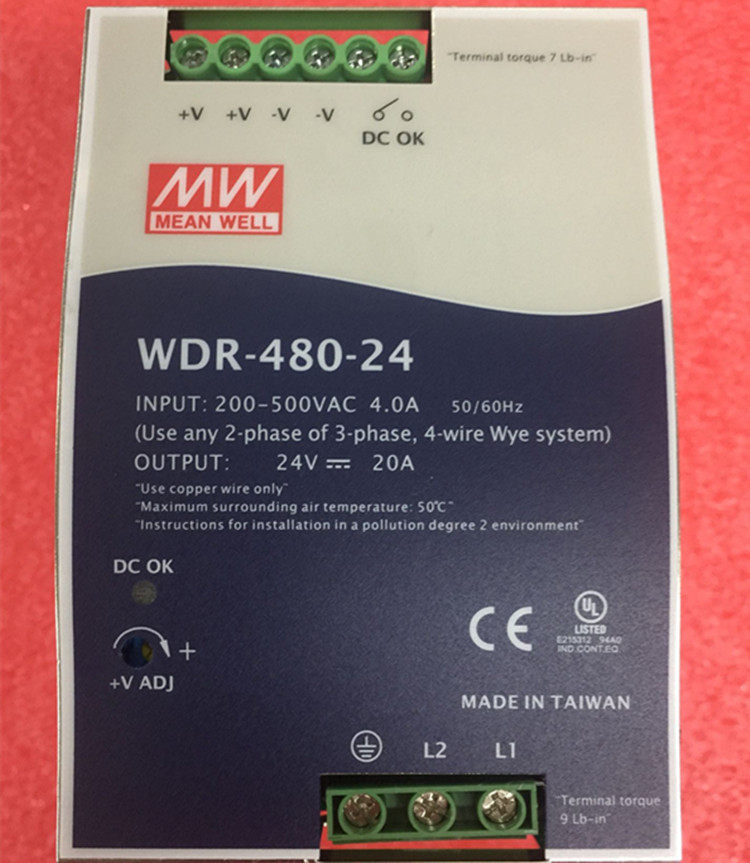 台湾明纬单相380V输入PFC超薄导轨电源WDR-480-24 480W 24V20A