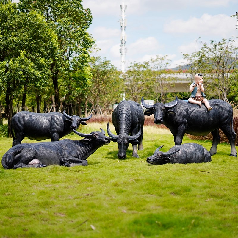 玻璃钢仿真水牛雕塑牧童吹笛子骑牛摆件户外园林景观小品装饰花园