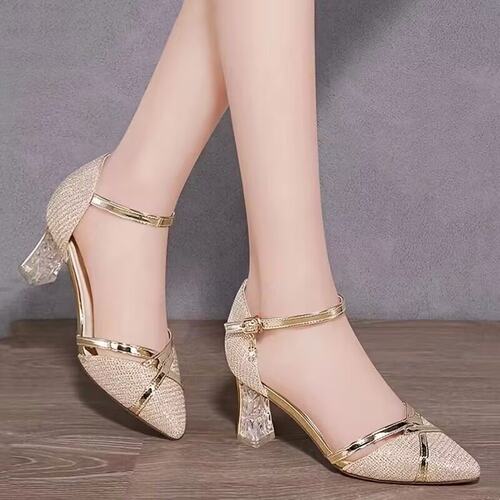 真皮包头凉鞋女2026夏新款中空粗跟百搭时尚尖头中高跟单鞋