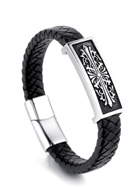 欧美风复古钛钢手镯十字架编织
