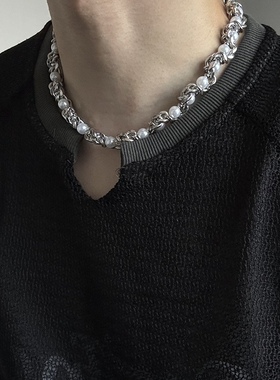 欧美缠绕珍珠锁骨链男款嘻哈钛钢百搭小众设计感颈链女链项高级感