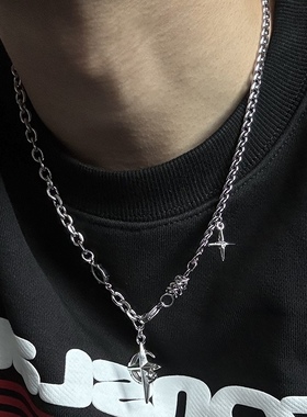 星月吊坠嘻哈潮流项链男小众设计高级感锁骨链毛衣链男款钛钢百搭