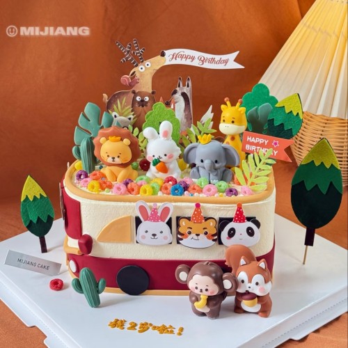 动物巴士生日蛋糕装饰插件狮子老虎大象猴子长颈鹿摆件绿叶插牌