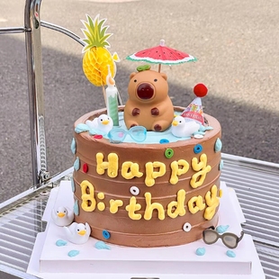 卡皮巴拉生日蛋糕装饰插件网红水豚摆件保持冷静遁入豚门烘焙插牌