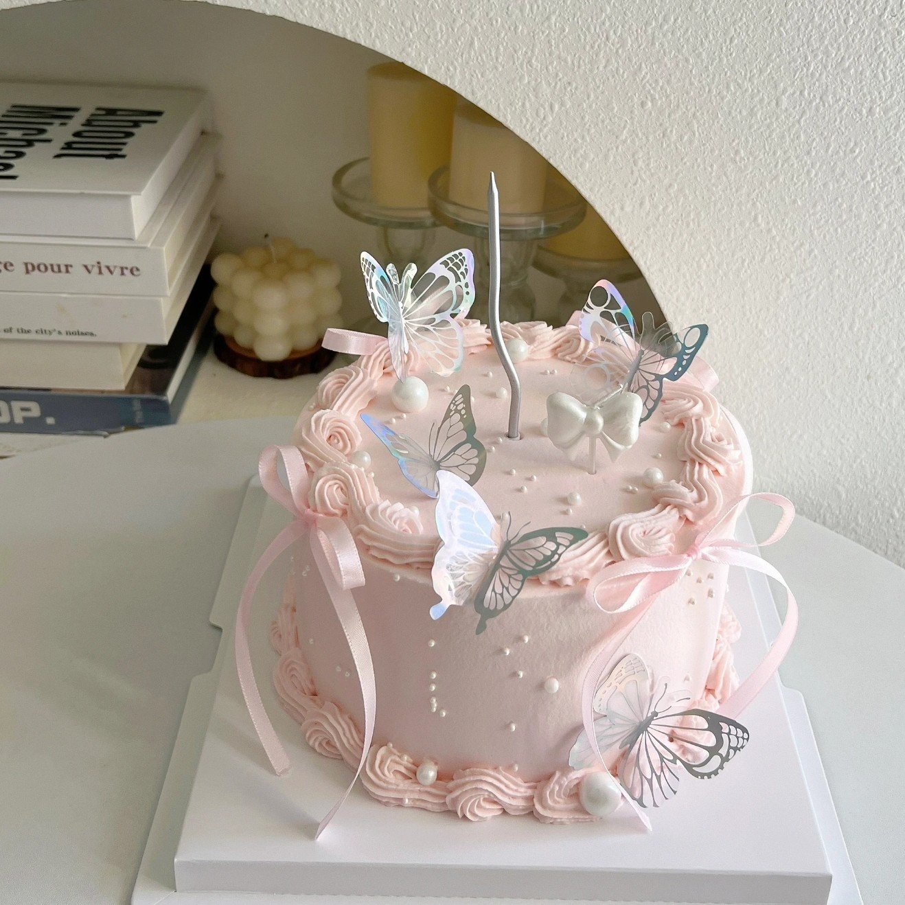 女神款生日蛋糕装饰插件炫彩蝴蝶粉色芭蕾风丝带螺旋蜡烛烘焙配件