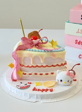 网红可爱KITTY猫蛋糕装饰插件红色格子丝带生日烘焙装扮配件