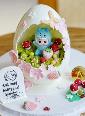 龙宝宝周岁生日蛋糕装饰插件蓝色小龙摆件红蘑菇花朵绿叶硅胶模具