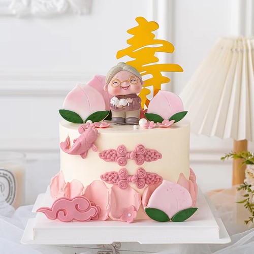祝寿抱猫奶奶蛋糕摆件