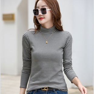 时尚条纹高领打底衫女秋冬新款紧身显瘦长袖T恤百搭洋大尺码0108h