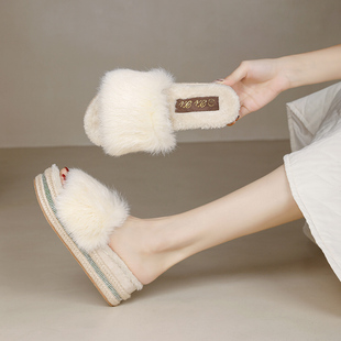 增高毛毛拖鞋女外穿2025秋冬新款韩版松糕厚底鞋水钻平底一字拖粉