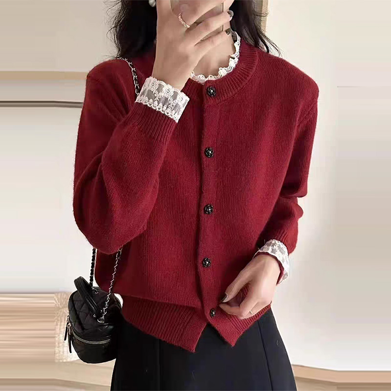 2025年春季新款蕾丝针织开衫红色毛衣外套女小个子高级感洋气上衣