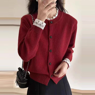 2025年春季新款蕾丝针织开衫红色毛衣外套女小个子高级感洋气上衣