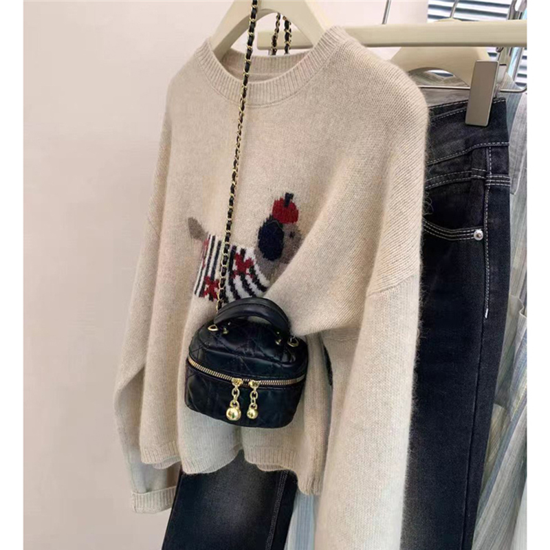 米色浣熊绒小狗套头加厚毛衣女秋冬2024新款内搭针织打底衫上衣冬