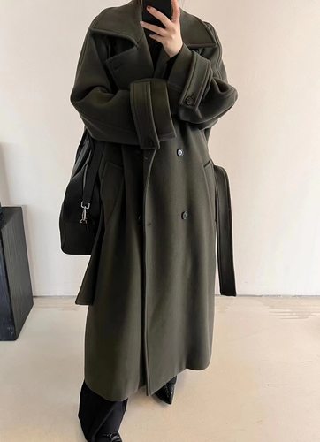 设计师品牌YEARLYPLAN复古双排扣羊毛廓形长款大衣女冬