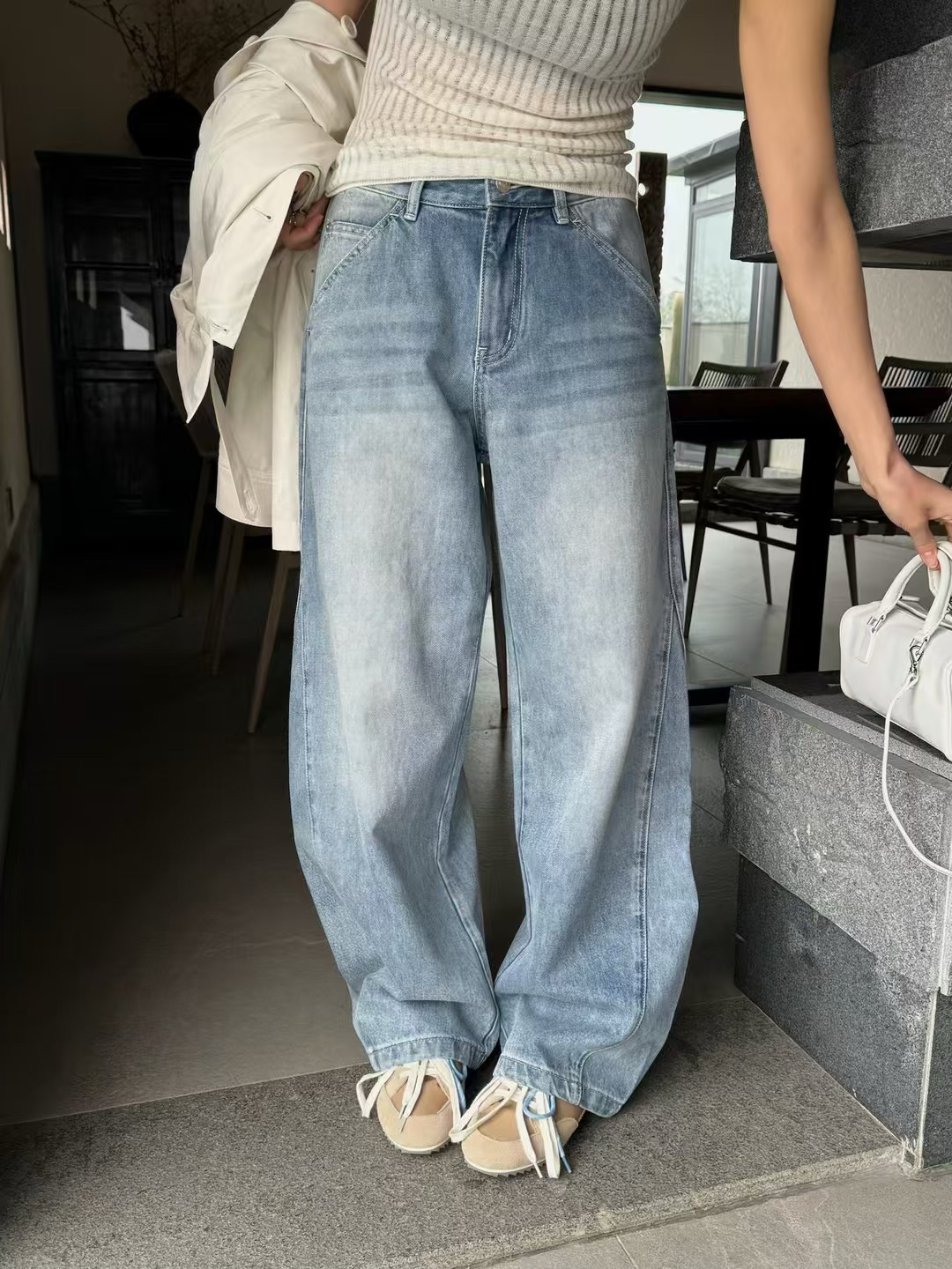 百搭神裤~设计师品牌超赞版型时髦弯刀香蕉裤裤宽松显瘦牛仔裤女